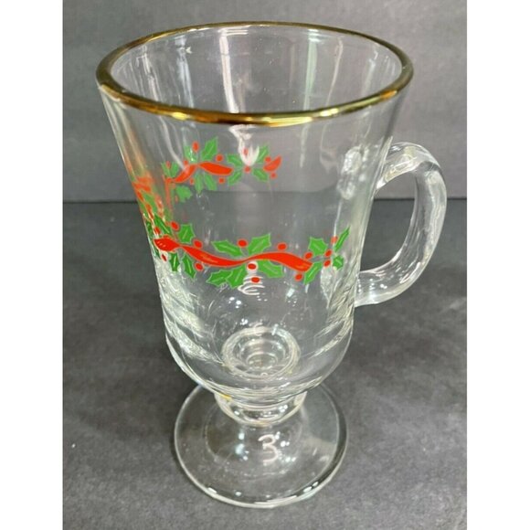 Vintage Libby Christmas Holly Berries Footed Irish Coffee Mug Set of 2 Gold Rim - Picture 3 of 10